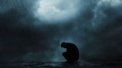 Symbolism of Depression: A Solitary Silhouette Under a Dark Raincloud with Glimmers of Hope