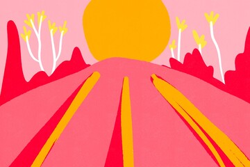 Stylized sunset landscape illustration in vibrant colors