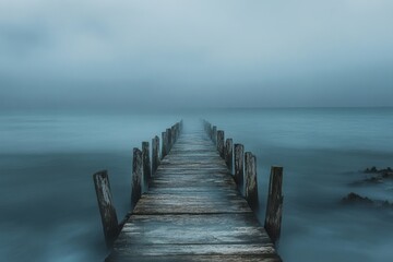 Fototapeta premium Wooden pier stretches into a misty ocean atmosphere.