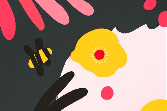 Abstract floral and bee illustration with vibrant backdrop