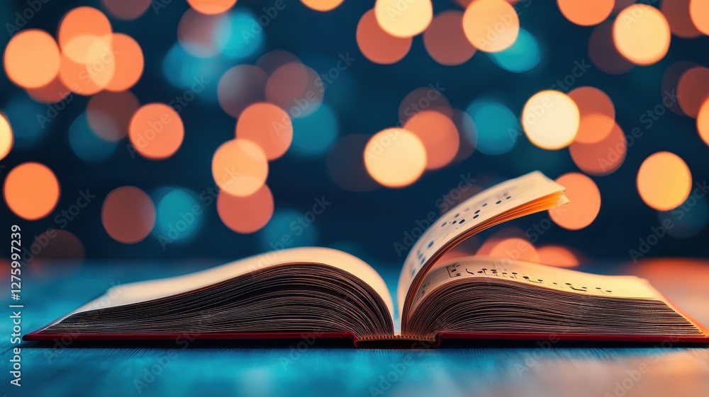 Poster Open Book with Music Notes on Pages Bokeh Lights Background Reading Relaxation