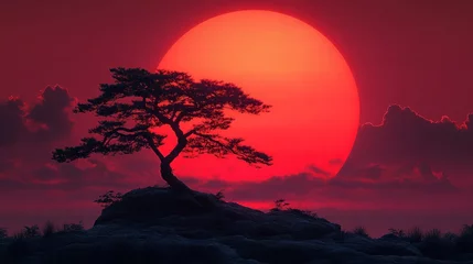 Fototapete Crimson Sunset, Lone Tree, Rocky Peak © RONNY