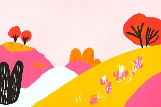 Colorful abstract landscape with stylized hills and trees