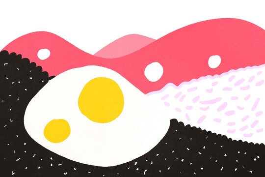 Abstract landscape with moon, waves, and fried egg illustration
