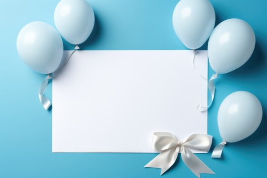 White balloons and silk bow around blank paper on turquoise background with copy space. Birthday party, wedding, baby shower celebration. Holiday greeting card mockup