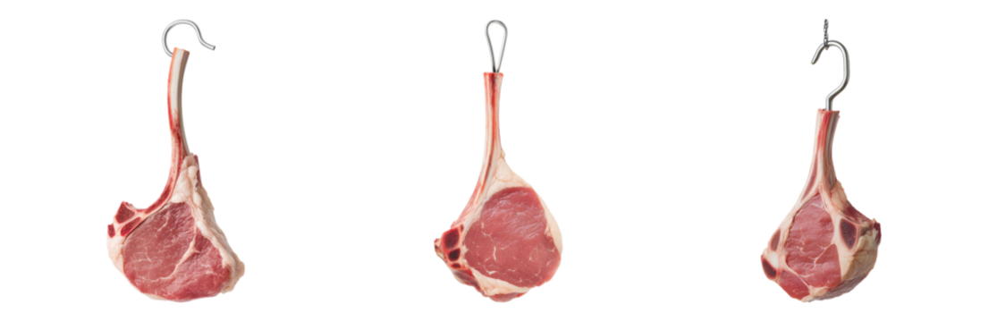 Fresh Raw Meat Cuts on Hooks in Meat Shop Display Isolated on transparent background