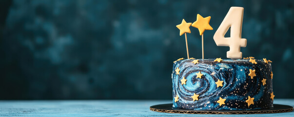 Happy 4 birthday anniversary theme, galaxy inspired birthday cake with stars and number four decoration