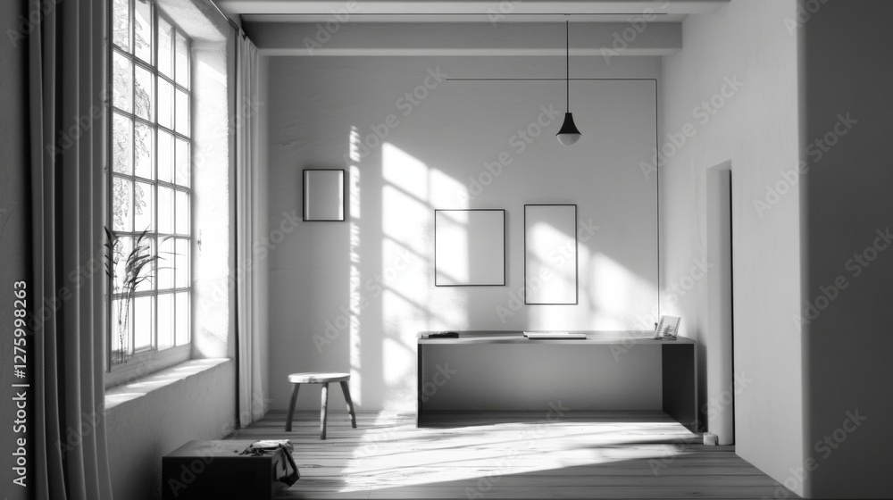 Poster a minimalist desk setup with a monochromatic theme, showcasing a sleek computer, minimalist accessor