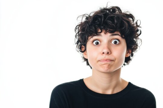 Person with curly hair displaying a baffled expression against a clean white background