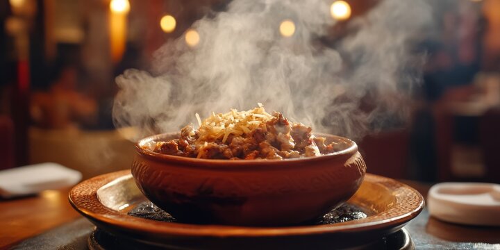 Steaming hot turkish guvec in traditional clay pot being served in restaurant