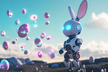 A futuristic, robotic Easter Bunny scanning the horizon, its mechanical ears twitching as holographic Easter eggs appear around it in a sci-fi landscape.