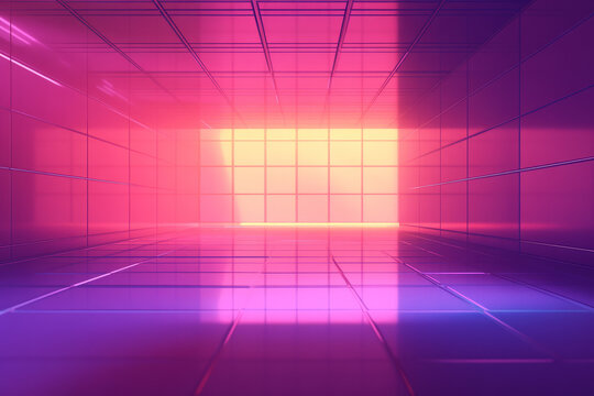 A high-tech abstract background with glowing wireframes, soft vaporwave gradients, and an immersive 3D effect.