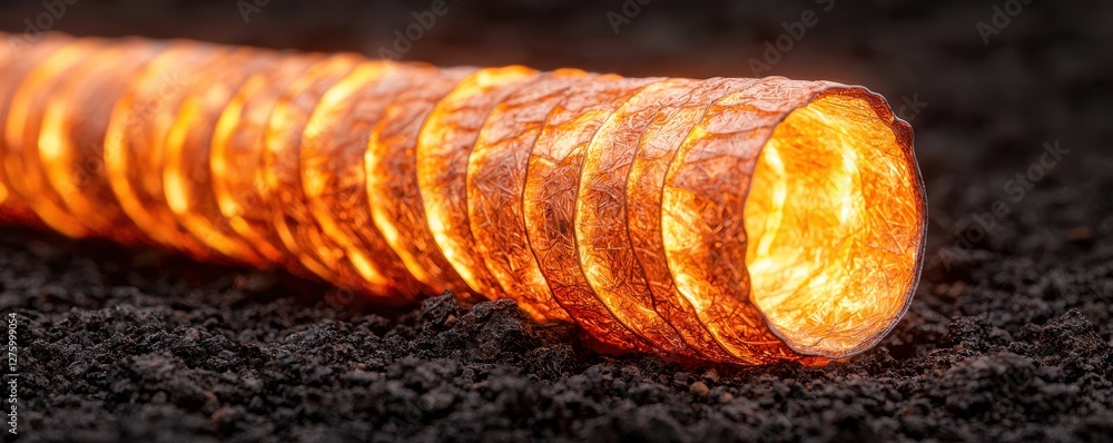Poster glowing orange slices on dark soil abstract background illuminated cylindrical form textured surface