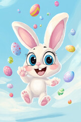 Fototapeta premium A cheerful, chibi-style Easter Bunny with oversized ears and big expressive eyes, joyfully tossing tiny pastel eggs into the air.