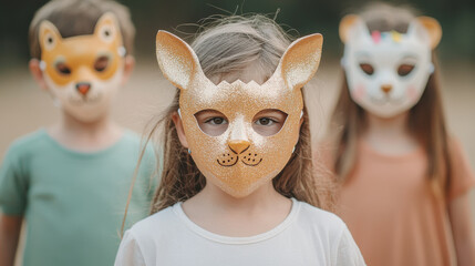 group of children wearing colorful animal masks, smiling joyfully, happy birthday anniversary theme.