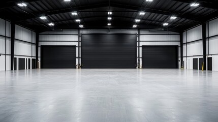 Obraz premium Empty warehouse, large doors, polished floor, industrial setting, perfect for lease