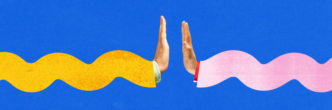 Two hands approach each other from wavy pathways, representing dialogue and mutual understanding against a blue background. Concept of communication, social interactions. Abstract art