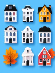 Fototapeta premium Charming House Collection: Architectural Styles - Nine charming houses in various architectural styles, perfect for real estate, home design, or autumn themes