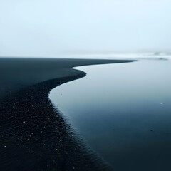 Abstract Black Sand Beach Landscape with Calm Water and Overcast Sky in Neutral Tone
