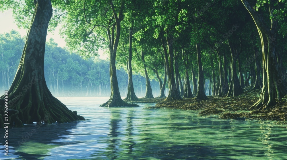 Poster a peaceful scene of a mangrove forest with calm waters and gentle waves, surrounded by vibrant green