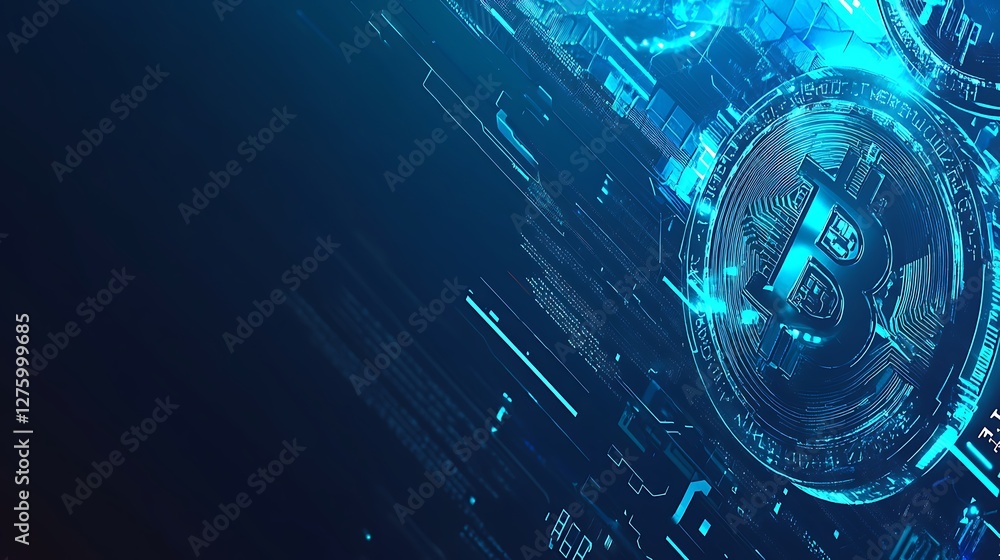 Poster digital currency banner focusing on blockchain, finance, and secure transactions.