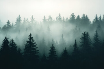 A misty forest silhouette with layered trees fading into an atmospheric gradient. A calming and mysterious nature-inspired backdrop.