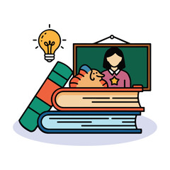 Creative Classroom Illustration with Books, Teacher and Learning Inspiration.