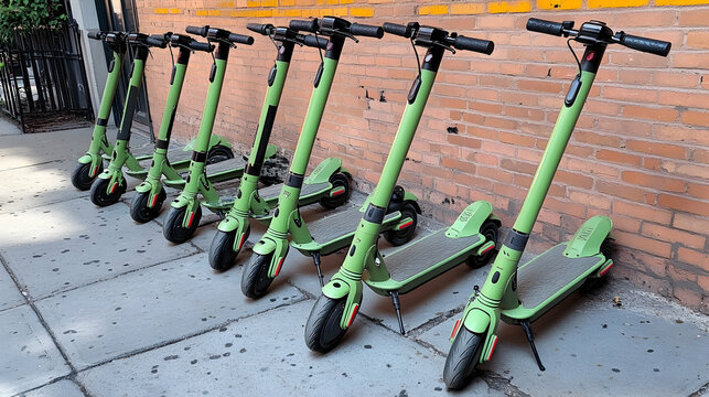 Green e-scooters parked, city street, brick wall background; transport, rental