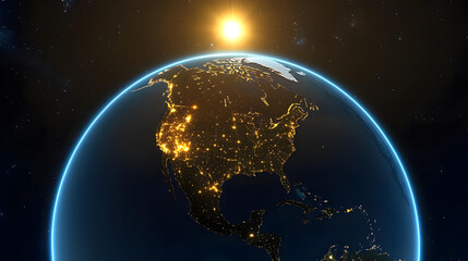 Obraz premium Stunning View of Earth at Night with North and Central America Illuminated by City Lights and a Bright Sun Above