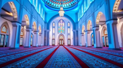 Obraz premium Majestic Mosque Interior: Towering Arches and Geometric Beauty - Spiritual sanctuary, serene atmosphere, architectural marvel, islamic design, divine elegance
