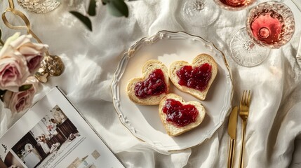Romantic brunch: heart shaped toast with jam and rose on elegant table setting