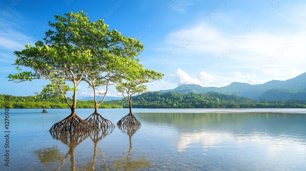 Poster a serene coastal view of mangrove trees standing tall in shallow water, with a backdrop of distant h