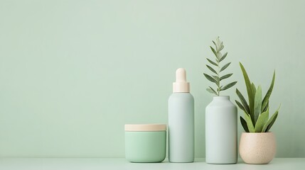 Elegant display of pastel green skincare products and plants on a minimalist surface in a calm setting