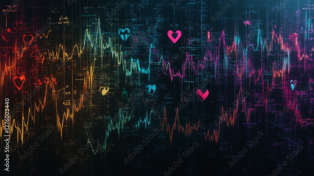 Aufkleber a series of heart waveforms depicted in different colors, symbolizing various emotional states, disp