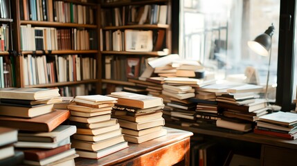 Cozy reading nook filled with stacks of books creating a warm atmosphere in the afternoon light