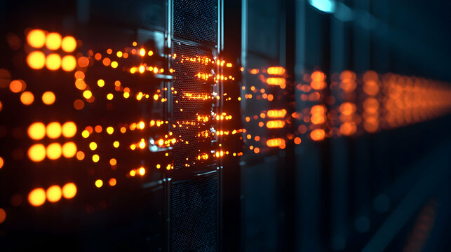 Abstract Data Network with Orange Light and Blue Geometric Pattern