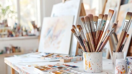 Fototapeta premium Bright and inviting artist studio filled with paintbrushes and colorful palettes at work