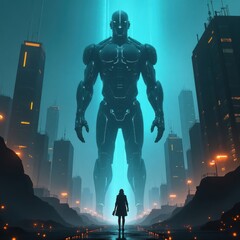 Fototapeta premium Exploring the trustworthiness of AI in a futuristic urban landscape at twilight with a towering robot and a lone figure
