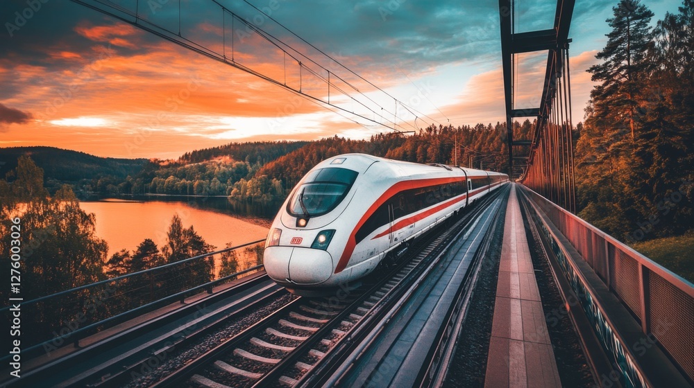 Poster a sleek high-speed train on a modern bridge at sunset, with warm hues in the sky reflecting on the t