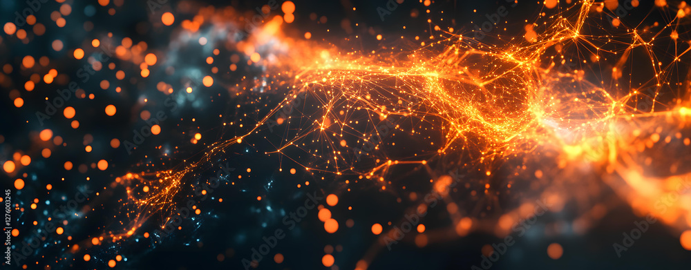 Poster abstract network of glowing points and lines in dark space, digital art