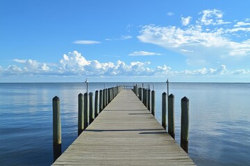 Wooden pier stretches towards the serene water under a bright