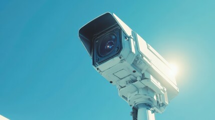 A close-up of a surveillance camera against a clear blue sky, reflecting sunlight, emphasizing modern security technology.