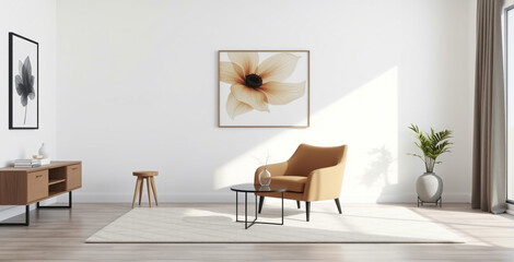 Modern interior living room features an armchair and decorative accessories against a white-colored wall- 3D rendering