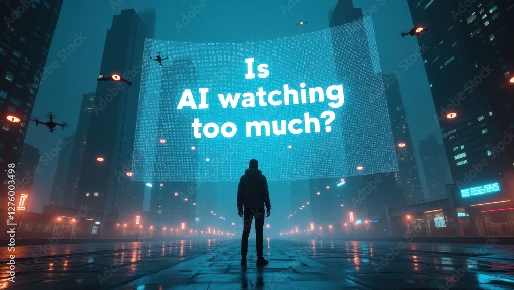Poster concerns about the extent of ai surveillance in modern society illuminated by a digital display in a