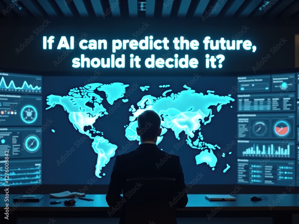Poster exploring the ethics of artificial intelligence in decision-making and its impact on the future of s