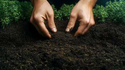 Hands checking soil quality, gardening, dark background, plant growth, sustainable farming