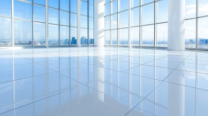 Modern Office Space with City View and Bright Sunlight