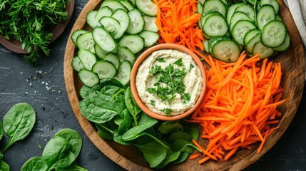 Obraz premium Healthy Veggie Tray with Creamy Dip: A vibrant and nutritious snack or appetizer featuring sliced cucumbers, shredded carrots, spinach, and a delicious creamy dip. Perfect for a healthy meal prep.