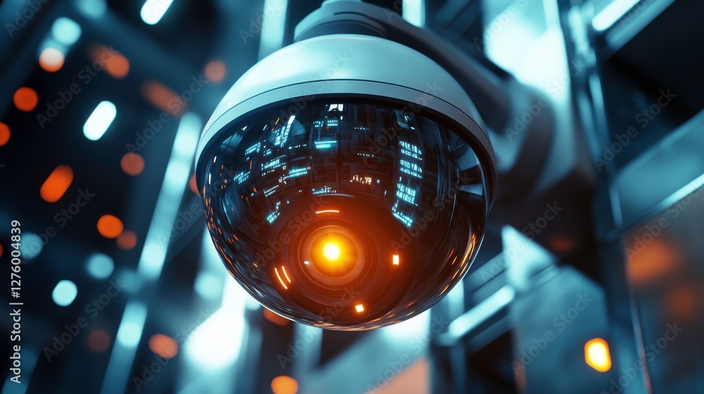 Poster a modern surveillance camera with a glowing orange light, set against a backdrop of illuminated stru