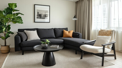 Modern living room with black sofa and cozy decor